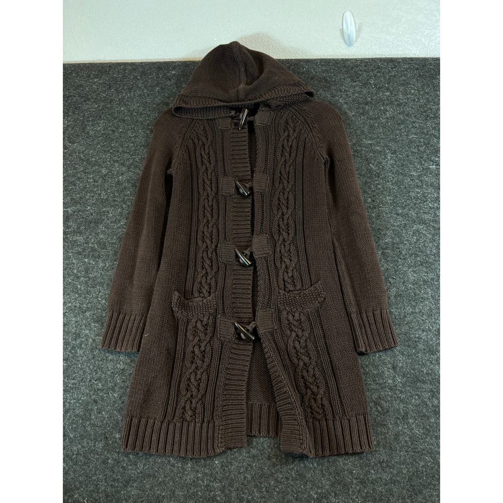 Vintage 90s Gap Brown Cable Knit Hooded Toggle Cardigan Sweater Longline Pockets